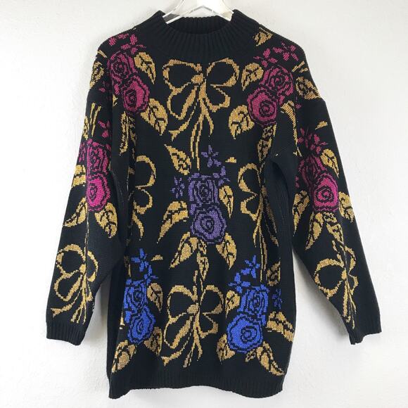 Vintage Metallic Knit Floral Rose Pullover Chunky Knit Holiday Sweater USA Made - Picture 1 of 8
